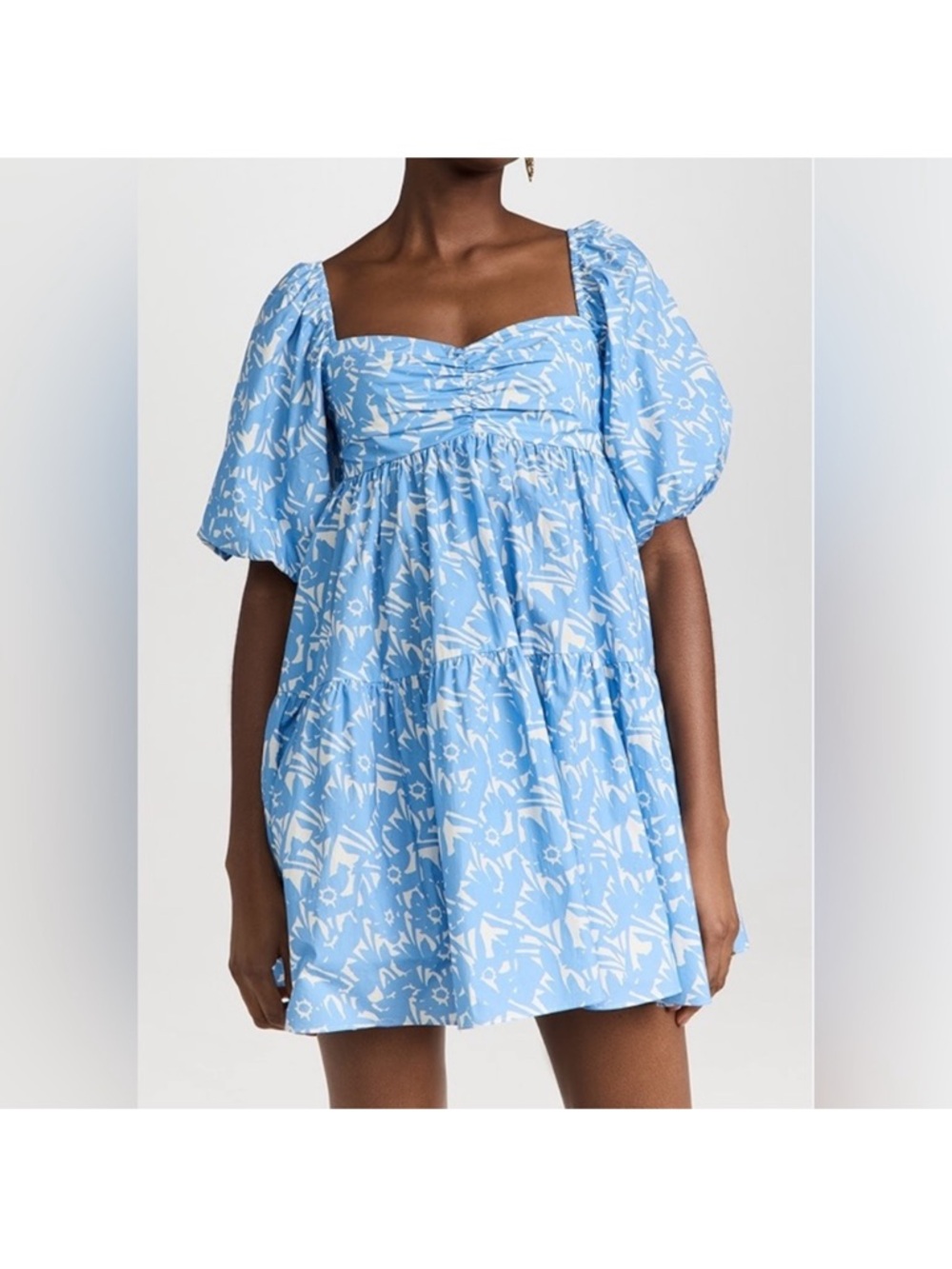 Amanda Uprichard Blue White Puff Sleeve Mini Dress